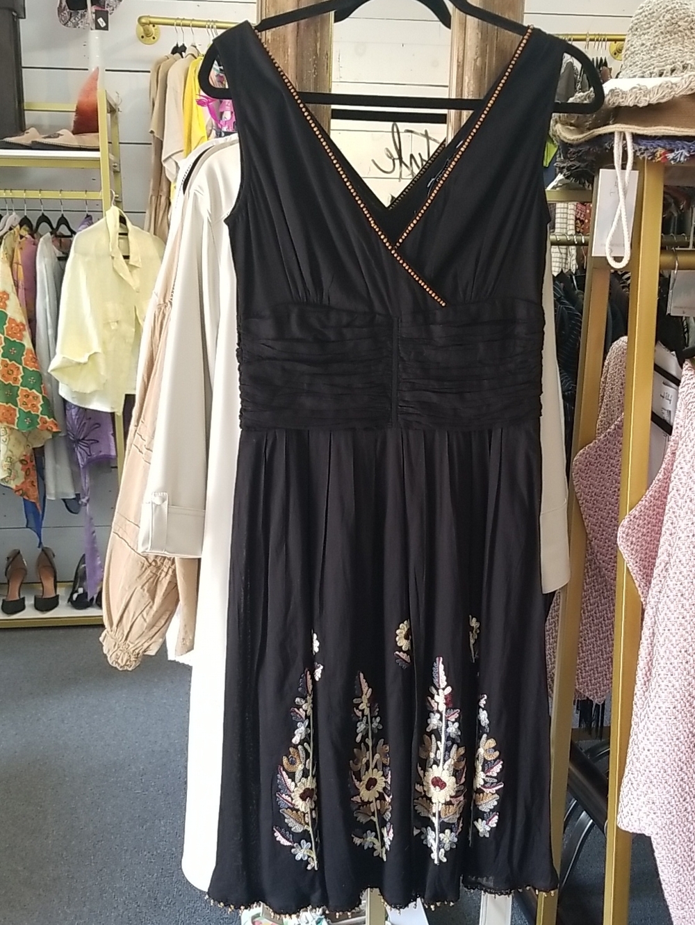 Black Embroidered V-Neck Midi Dress